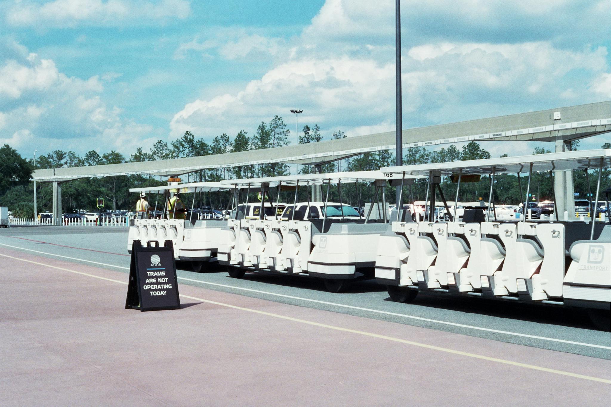 White trams parked at an empty Disney World parking lot under a blue sky.